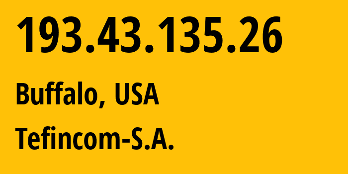 IP-адрес 193.43.135.26 (Буффало, Нью-Йорк, США) определить местоположение, координаты на карте, ISP провайдер AS141039 Tefincom-S.A. // кто провайдер айпи-адреса 193.43.135.26