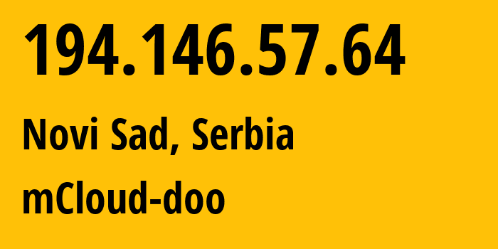 IP-адрес 194.146.57.64 (Белград, Центральная Сербия, Сербия) определить местоположение, координаты на карте, ISP провайдер AS35779 mCloud-doo // кто провайдер айпи-адреса 194.146.57.64