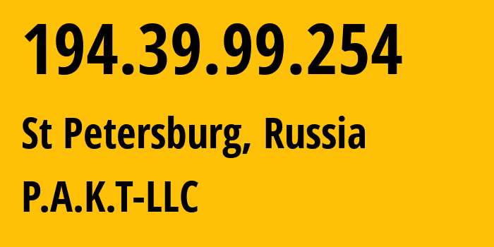 IP-адрес 194.39.99.254 (Санкт-Петербург, Санкт-Петербург, Россия) определить местоположение, координаты на карте, ISP провайдер AS39087 P.A.K.T-LLC // кто провайдер айпи-адреса 194.39.99.254