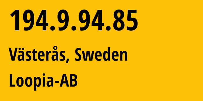 IP address 194.9.94.85 (Västerås, Västmanland County, Sweden) get location, coordinates on map, ISP provider AS39570 Loopia-AB // who is provider of ip address 194.9.94.85, whose IP address