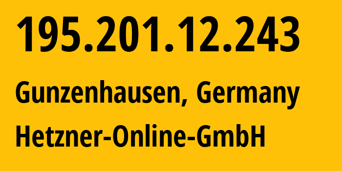 IP address 195.201.12.243 (Gunzenhausen, Bavaria, Germany) get location, coordinates on map, ISP provider AS24940 Hetzner-Online-GmbH // who is provider of ip address 195.201.12.243, whose IP address