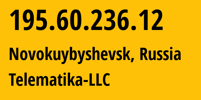 IP address 195.60.236.12 (Novokuybyshevsk, Samara Oblast, Russia) get location, coordinates on map, ISP provider AS43201 Telematika-LLC // who is provider of ip address 195.60.236.12, whose IP address