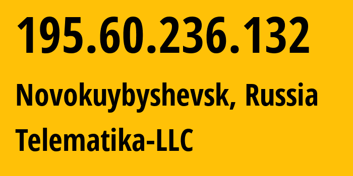 IP address 195.60.236.132 (Novokuybyshevsk, Samara Oblast, Russia) get location, coordinates on map, ISP provider AS43201 Telematika-LLC // who is provider of ip address 195.60.236.132, whose IP address