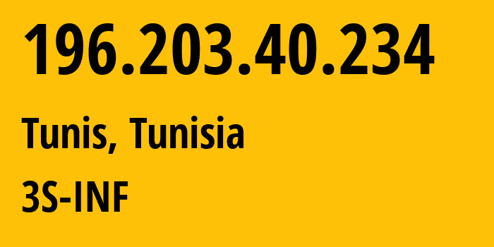 IP-адрес 196.203.40.234 (Тунис, Тунис, Тунис) определить местоположение, координаты на карте, ISP провайдер AS37671 3S-INF // кто провайдер айпи-адреса 196.203.40.234