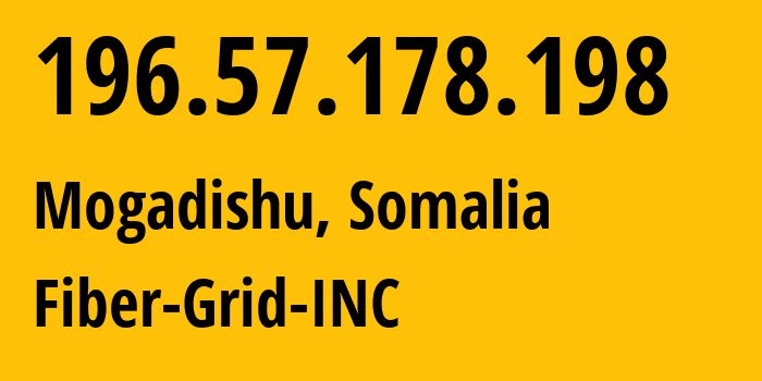 IP address 196.57.178.198 (Mogadishu, Banaadir, Somalia) get location, coordinates on map, ISP provider AS37518 Fiber-Grid-INC // who is provider of ip address 196.57.178.198, whose IP address