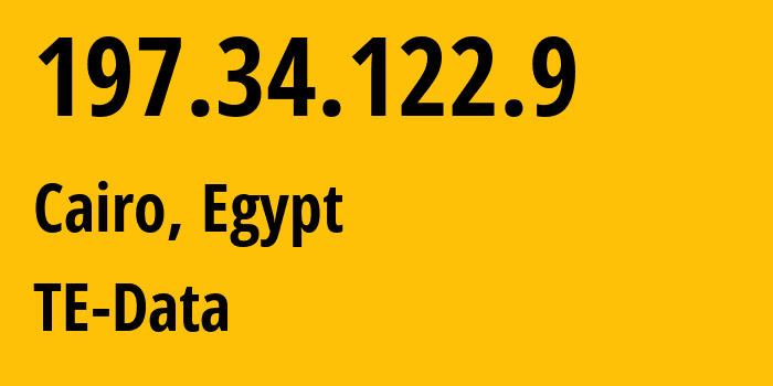 IP address 197.34.122.9 (Cairo, Cairo Governorate, Egypt) get location, coordinates on map, ISP provider AS8452 TE-Data // who is provider of ip address 197.34.122.9, whose IP address