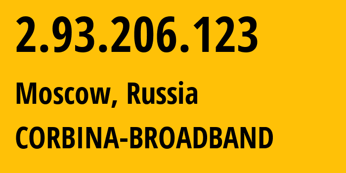 IP address 2.93.206.123 (Moscow, Moscow, Russia) get location, coordinates on map, ISP provider AS8402 CORBINA-BROADBAND // who is provider of ip address 2.93.206.123, whose IP address