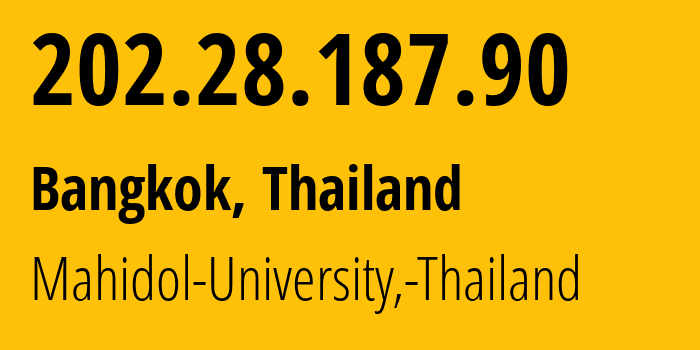 IP address 202.28.187.90 (Bangkok, Bangkok, Thailand) get location, coordinates on map, ISP provider AS4762 Mahidol-University,-Thailand // who is provider of ip address 202.28.187.90, whose IP address