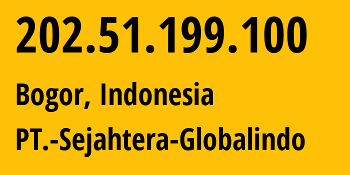 IP address 202.51.199.100 (Bogor, West Java, Indonesia) get location, coordinates on map, ISP provider AS55685 PT.-Sejahtera-Globalindo // who is provider of ip address 202.51.199.100, whose IP address