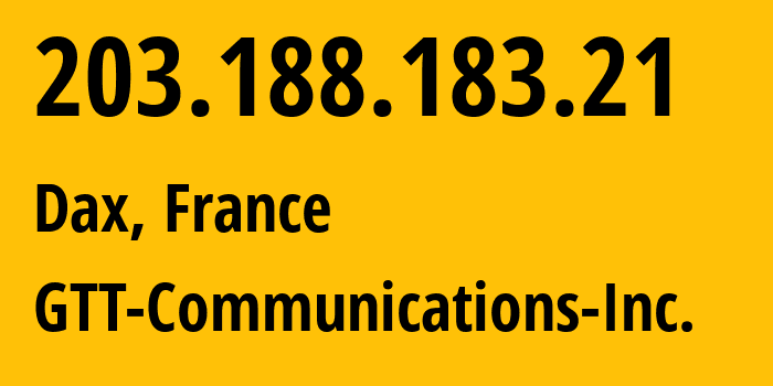 IP address 203.188.183.21 (Paris, Île-de-France, France) get location, coordinates on map, ISP provider AS3257 GTT-Communications-Inc. // who is provider of ip address 203.188.183.21, whose IP address
