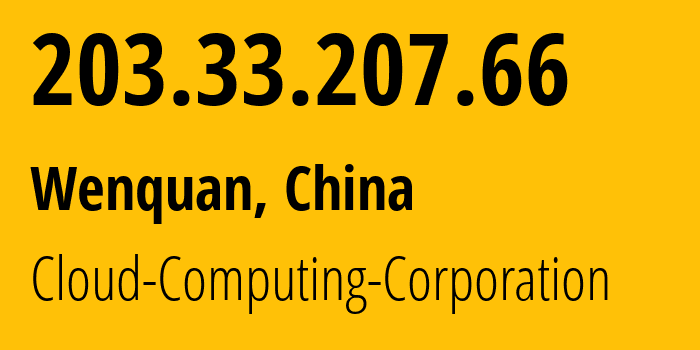 IP address 203.33.207.66 (Wenquan, Fujian, China) get location, coordinates on map, ISP provider AS58519 Cloud-Computing-Corporation // who is provider of ip address 203.33.207.66, whose IP address