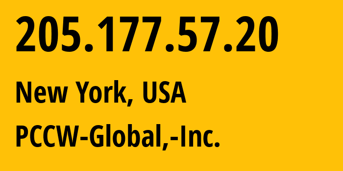 IP-адрес 205.177.57.20 (Нью-Йорк, Нью-Йорк, США) определить местоположение, координаты на карте, ISP провайдер AS3491 PCCW-Global,-Inc. // кто провайдер айпи-адреса 205.177.57.20