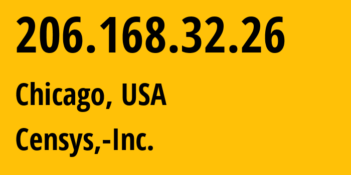 IP address 206.168.32.26 (Chicago, Illinois, USA) get location, coordinates on map, ISP provider AS398324 Censys,-Inc. // who is provider of ip address 206.168.32.26, whose IP address