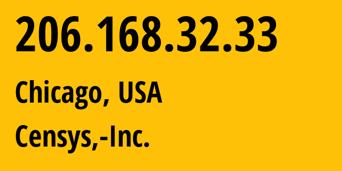 IP address 206.168.32.33 (Chicago, Illinois, USA) get location, coordinates on map, ISP provider AS398324 Censys,-Inc. // who is provider of ip address 206.168.32.33, whose IP address