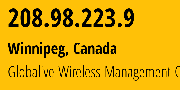IP-адрес 208.98.223.9 (Виннипег, Манитоба, Канада) определить местоположение, координаты на карте, ISP провайдер AS20365 Globalive-Wireless-Management-Corp. // кто провайдер айпи-адреса 208.98.223.9