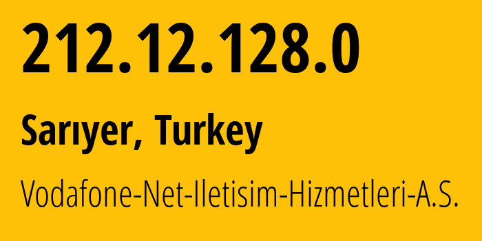 IP address 212.12.128.0 (Sarıyer, Istanbul, Turkey) get location, coordinates on map, ISP provider AS15924 Vodafone-Net-Iletisim-Hizmetleri-A.S. // who is provider of ip address 212.12.128.0, whose IP address