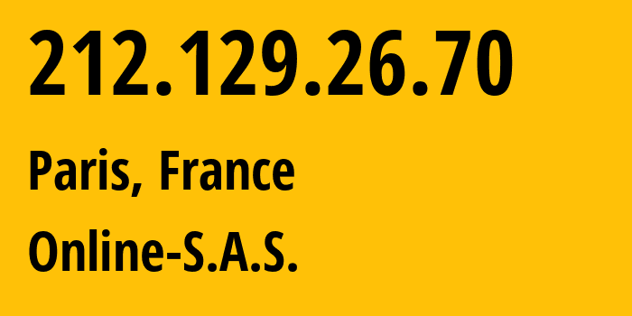 IP-адрес 212.129.26.70 (Париж, Иль-де-Франс, Франция) определить местоположение, координаты на карте, ISP провайдер AS12876 Online-S.A.S. // кто провайдер айпи-адреса 212.129.26.70