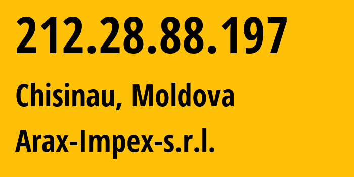 IP address 212.28.88.197 (Chisinau, Chișinău Municipality, Moldova) get location, coordinates on map, ISP provider AS15836 Arax-Impex-s.r.l. // who is provider of ip address 212.28.88.197, whose IP address