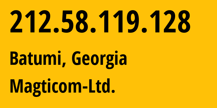 IP address 212.58.119.128 get location, coordinates on map, ISP provider AS16010 Magticom-Ltd. // who is provider of ip address 212.58.119.128, whose IP address