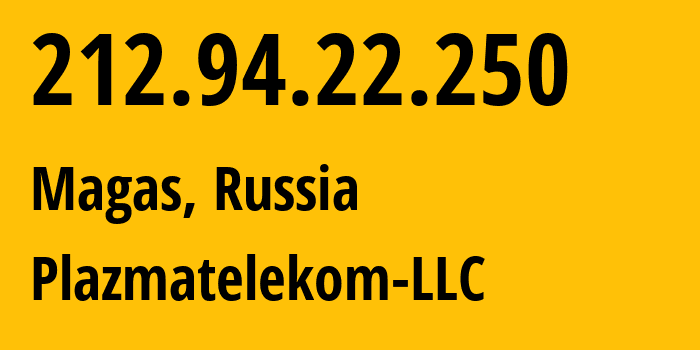 IP-адрес 212.94.22.250 (Магас, Ингушетия, Россия) определить местоположение, координаты на карте, ISP провайдер AS62440 Plazmatelekom-LLC // кто провайдер айпи-адреса 212.94.22.250