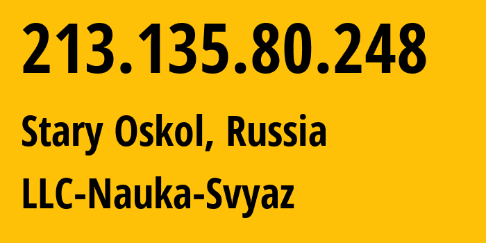 IP-адрес 213.135.80.248 (Старый Оскол, Белгородская Область, Россия) определить местоположение, координаты на карте, ISP провайдер AS8641 LLC-Nauka-Svyaz // кто провайдер айпи-адреса 213.135.80.248