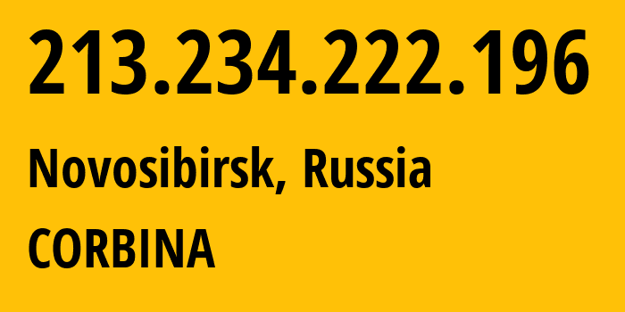 IP address 213.234.222.196 (Novosibirsk, Novosibirsk Oblast, Russia) get location, coordinates on map, ISP provider AS16345 CORBINA // who is provider of ip address 213.234.222.196, whose IP address