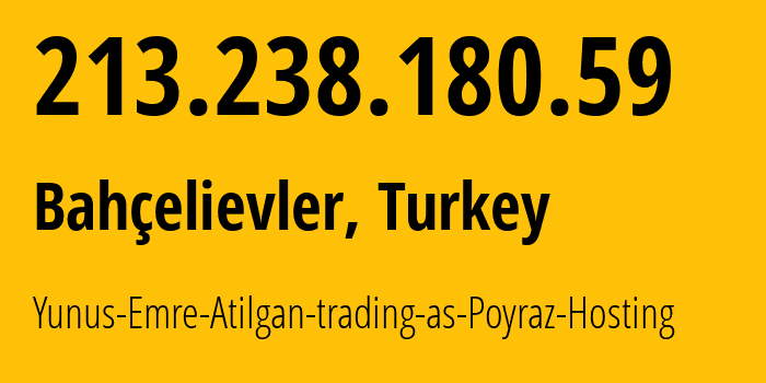 IP-адрес 213.238.180.59 (Bahçelievler, Стамбул, Турция) определить местоположение, координаты на карте, ISP провайдер AS210574 Yunus-Emre-Atilgan-trading-as-Poyraz-Hosting // кто провайдер айпи-адреса 213.238.180.59