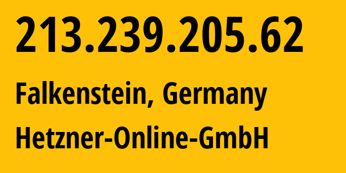 IP-адрес 213.239.205.62 (Фалькенштайн, Саксония, Германия) определить местоположение, координаты на карте, ISP провайдер AS24940 Hetzner-Online-GmbH // кто провайдер айпи-адреса 213.239.205.62