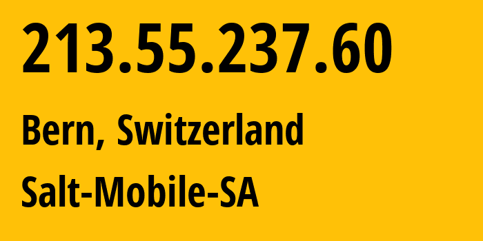 IP address 213.55.237.60 (Bern, Bern, Switzerland) get location, coordinates on map, ISP provider AS15796 Salt-Mobile-SA // who is provider of ip address 213.55.237.60, whose IP address