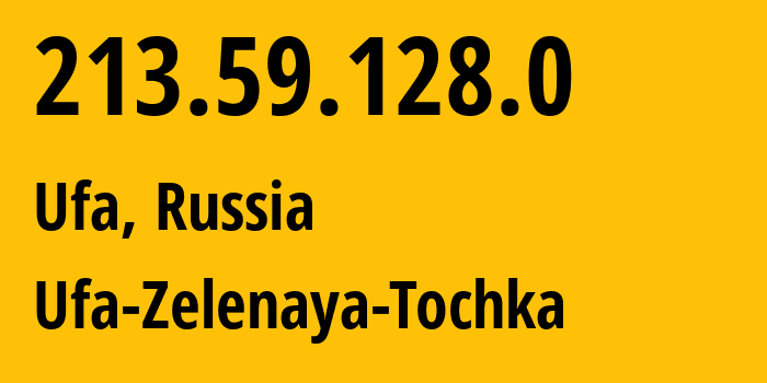 IP address 213.59.128.0 (Ufa, Bashkortostan Republic, Russia) get location, coordinates on map, ISP provider AS201123 Ufa-Zelenaya-Tochka // who is provider of ip address 213.59.128.0, whose IP address