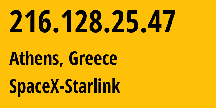 IP address 216.128.25.47 (Athens, Attica, Greece) get location, coordinates on map, ISP provider AS14593 SpaceX-Starlink // who is provider of ip address 216.128.25.47, whose IP address