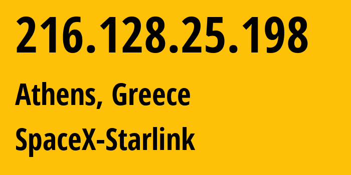 IP-адрес 216.128.25.198 (Афины, Attica, Греция) определить местоположение, координаты на карте, ISP провайдер AS14593 SpaceX-Starlink // кто провайдер айпи-адреса 216.128.25.198