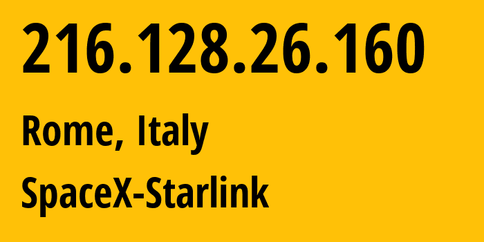 IP address 216.128.26.160 (Rome, Latium, Italy) get location, coordinates on map, ISP provider AS14593 SpaceX-Starlink // who is provider of ip address 216.128.26.160, whose IP address