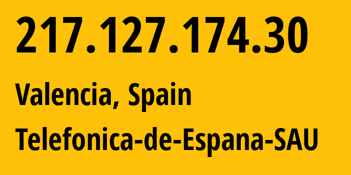 IP address 217.127.174.30 (Valencia, Valencia, Spain) get location, coordinates on map, ISP provider AS3352 Telefonica-de-Espana-SAU // who is provider of ip address 217.127.174.30, whose IP address