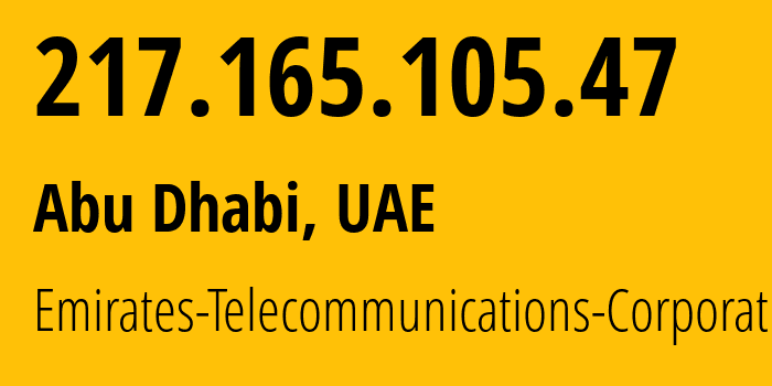 IP address 217.165.105.47 (Dubai, Dubai, UAE) get location, coordinates on map, ISP provider AS5384 Emirates-Telecommunications-Corporation // who is provider of ip address 217.165.105.47, whose IP address