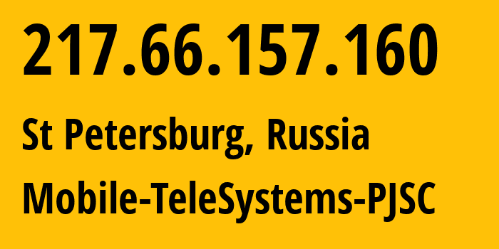 IP address 217.66.157.160 (St Petersburg, St.-Petersburg, Russia) get location, coordinates on map, ISP provider AS8359 Mobile-TeleSystems-PJSC // who is provider of ip address 217.66.157.160, whose IP address