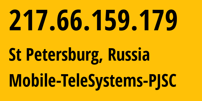 IP-адрес 217.66.159.179 (Санкт-Петербург, Санкт-Петербург, Россия) определить местоположение, координаты на карте, ISP провайдер AS8359 Mobile-TeleSystems-PJSC // кто провайдер айпи-адреса 217.66.159.179