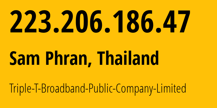 IP address 223.206.186.47 (Sam Phran, Nakhon Pathom, Thailand) get location, coordinates on map, ISP provider AS45758 Triple-T-Broadband-Public-Company-Limited // who is provider of ip address 223.206.186.47, whose IP address