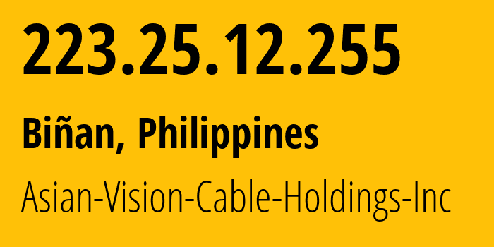 IP-адрес 223.25.12.255 (Biñan, КАЛАБАРСОН, Филиппины) определить местоположение, координаты на карте, ISP провайдер AS56099 Asian-Vision-Cable-Holdings-Inc // кто провайдер айпи-адреса 223.25.12.255