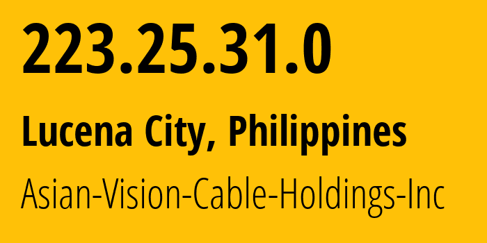 IP-адрес 223.25.31.0 (Лусена, КАЛАБАРСОН, Филиппины) определить местоположение, координаты на карте, ISP провайдер AS56099 Asian-Vision-Cable-Holdings-Inc // кто провайдер айпи-адреса 223.25.31.0
