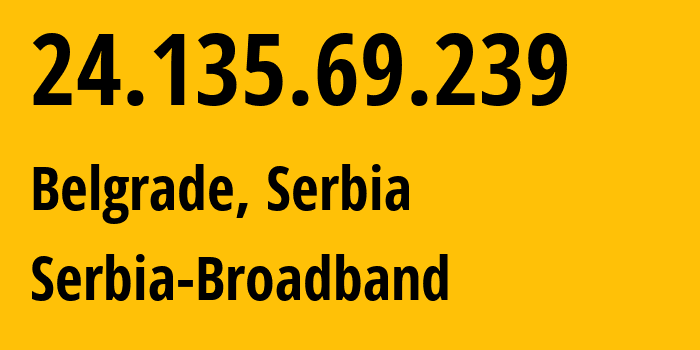 IP-адрес 24.135.69.239 (Белград, Belgrade, Сербия) определить местоположение, координаты на карте, ISP провайдер AS31042 Serbia-Broadband // кто провайдер айпи-адреса 24.135.69.239