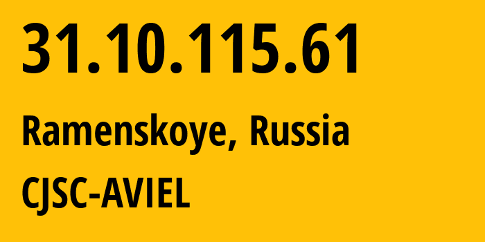 IP address 31.10.115.61 (Ramenskoye, Moscow Oblast, Russia) get location, coordinates on map, ISP provider AS35271 CJSC-AVIEL // who is provider of ip address 31.10.115.61, whose IP address