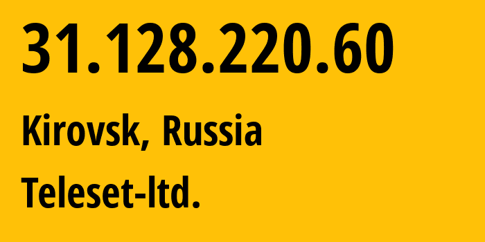 IP address 31.128.220.60 (Kirovsk, Murmansk, Russia) get location, coordinates on map, ISP provider AS48738 Teleset-ltd. // who is provider of ip address 31.128.220.60, whose IP address