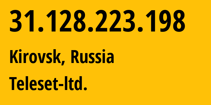 IP address 31.128.223.198 (Kirovsk, Murmansk, Russia) get location, coordinates on map, ISP provider AS48738 Teleset-ltd. // who is provider of ip address 31.128.223.198, whose IP address