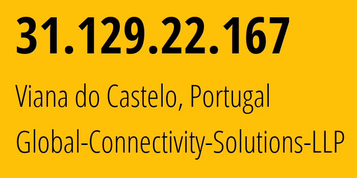 IP-адрес 31.129.22.167 (Viana do Castelo, Виана-ду-Каштелу, Португалия) определить местоположение, координаты на карте, ISP провайдер AS215540 Global-Connectivity-Solutions-LLP // кто провайдер айпи-адреса 31.129.22.167