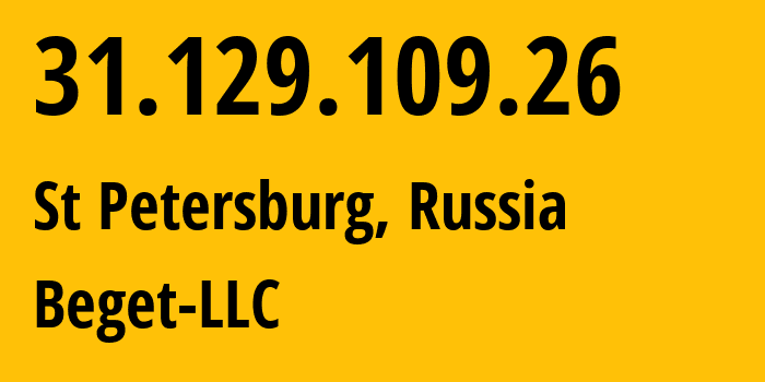 IP-адрес 31.129.109.26 (Санкт-Петербург, Санкт-Петербург, Россия) определить местоположение, координаты на карте, ISP провайдер AS198610 Beget-LLC // кто провайдер айпи-адреса 31.129.109.26