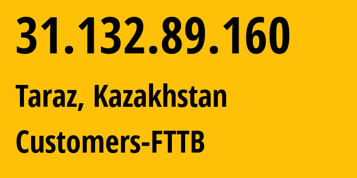 IP address 31.132.89.160 (Taraz, Zhambyl Oblysy, Kazakhstan) get location, coordinates on map, ISP provider AS206026 Customers-FTTB // who is provider of ip address 31.132.89.160, whose IP address