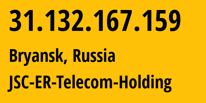 IP address 31.132.167.159 (Bryansk, Bryansk Oblast, Russia) get location, coordinates on map, ISP provider AS57044 JSC-ER-Telecom-Holding // who is provider of ip address 31.132.167.159, whose IP address