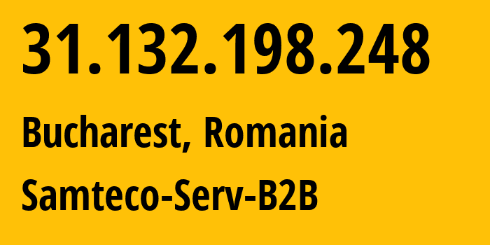 IP address 31.132.198.248 (Bucharest, București, Romania) get location, coordinates on map, ISP provider AS209767 Samteco-Serv-B2B // who is provider of ip address 31.132.198.248, whose IP address