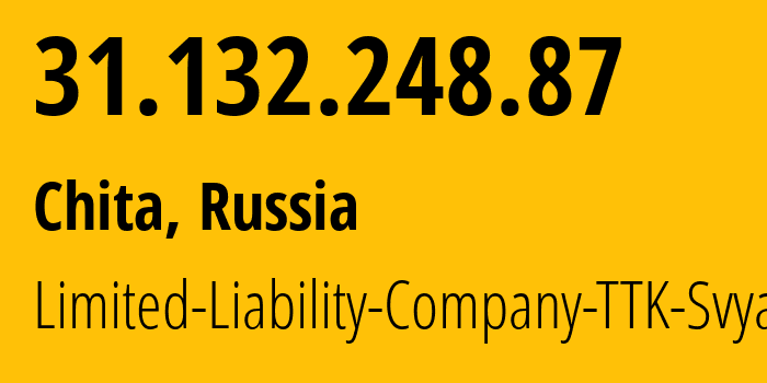 IP-адрес 31.132.248.87 (Чита, Забайкальский Край, Россия) определить местоположение, координаты на карте, ISP провайдер AS15774 Limited-Liability-Company-TTK-Svyaz // кто провайдер айпи-адреса 31.132.248.87